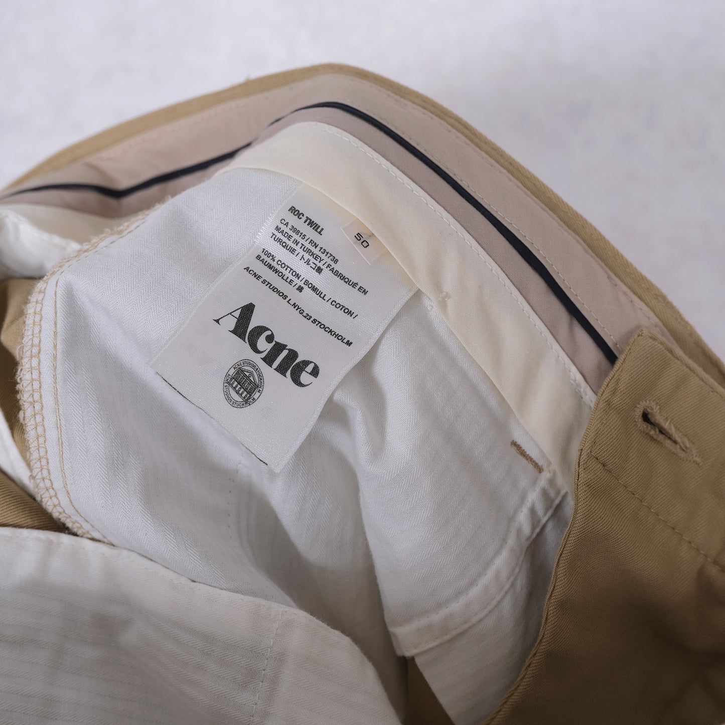 Acne Studios, vaaleat puuvillahousut, koko 50, hoikka, khaki
