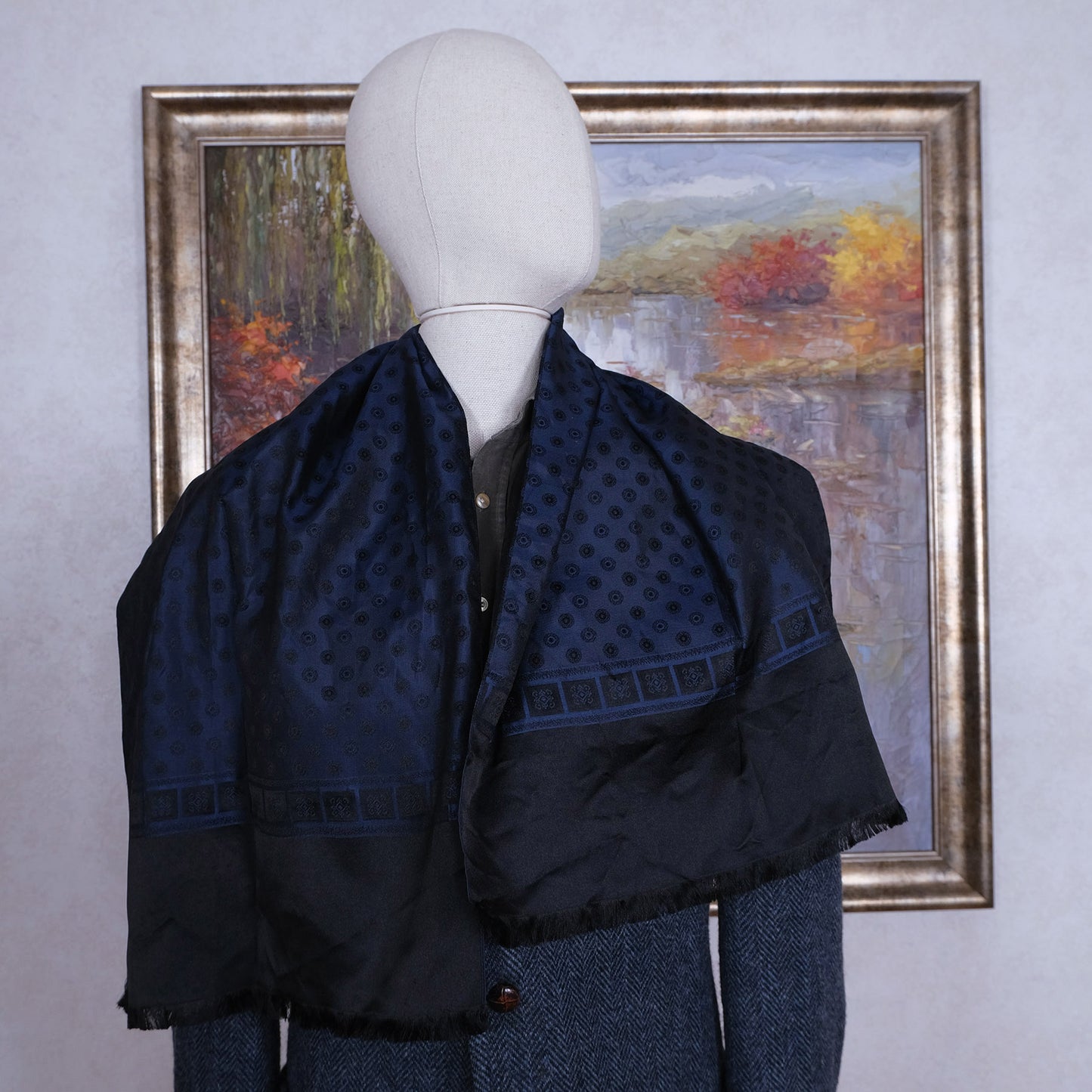 Ariston, black-and-blue scarf, silk, 2-sided