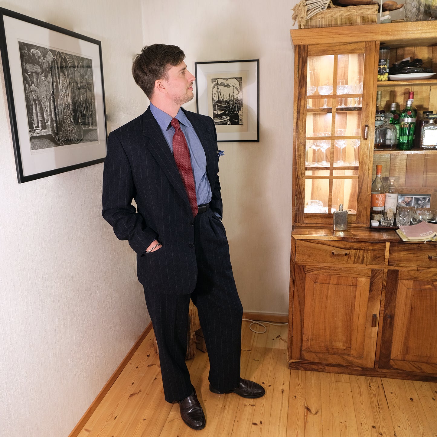 Paul Smith, upea tumma puku, koko 54, liituraita, flanellipuku, vintage-leikkaus