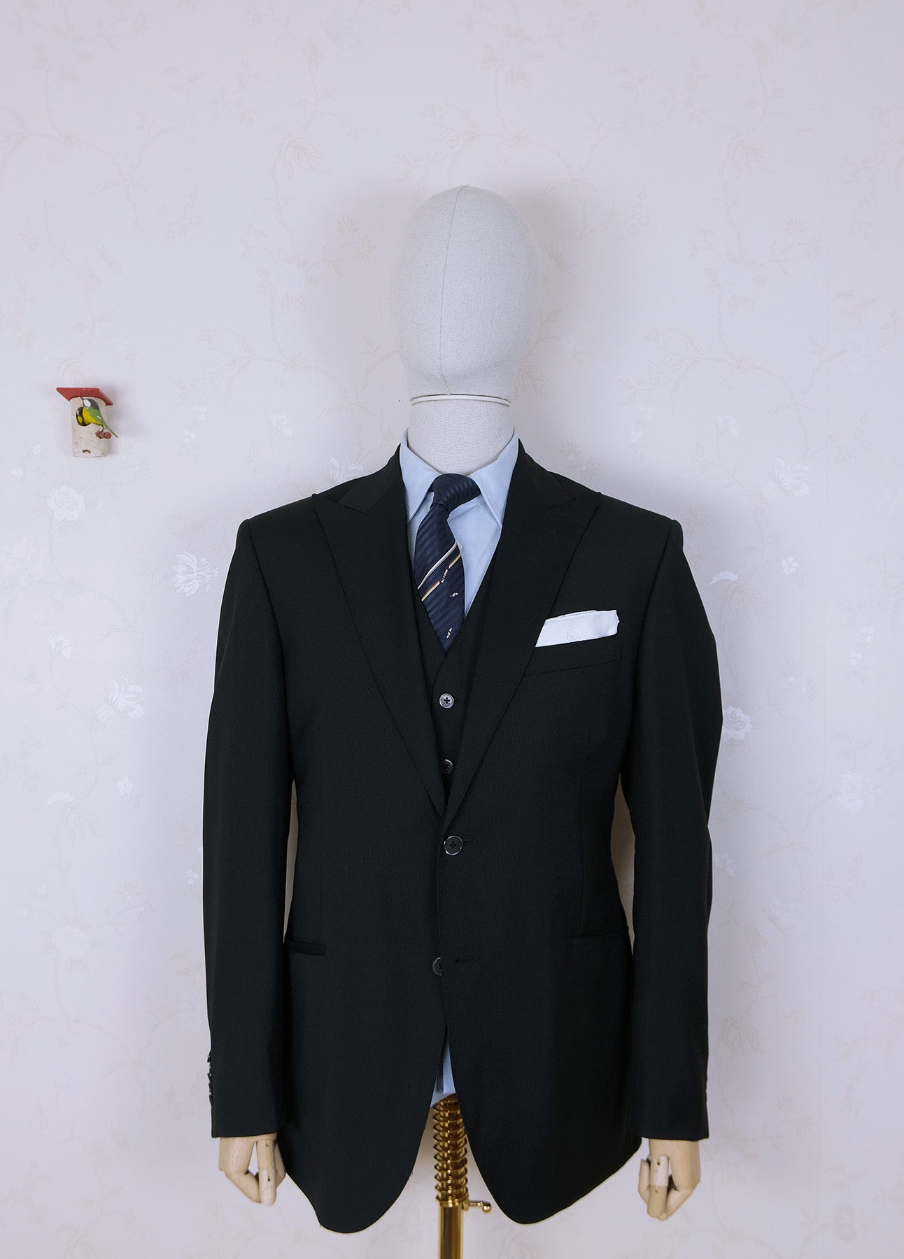 Corneliani, dark three piece suit, size 44UK, thin stripe