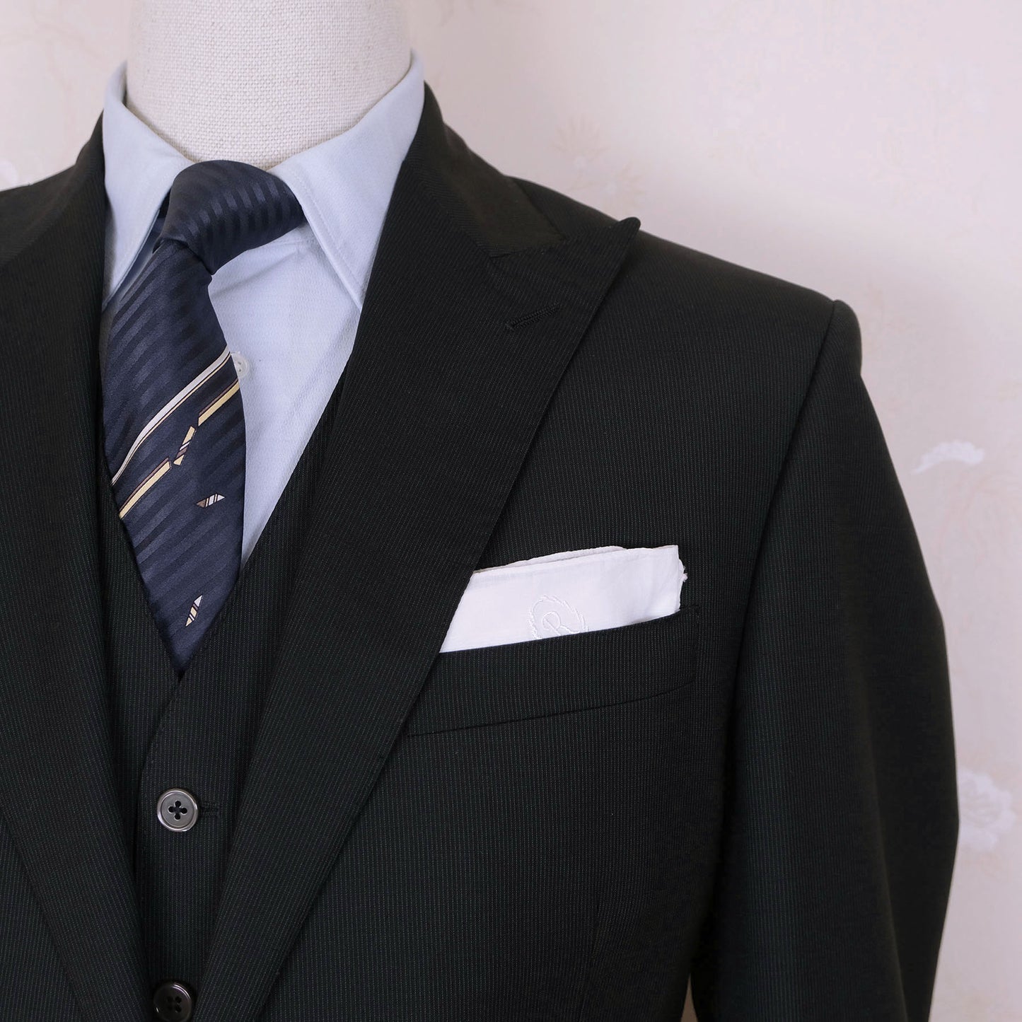 Corneliani, dark three piece suit, size 44UK, thin stripe
