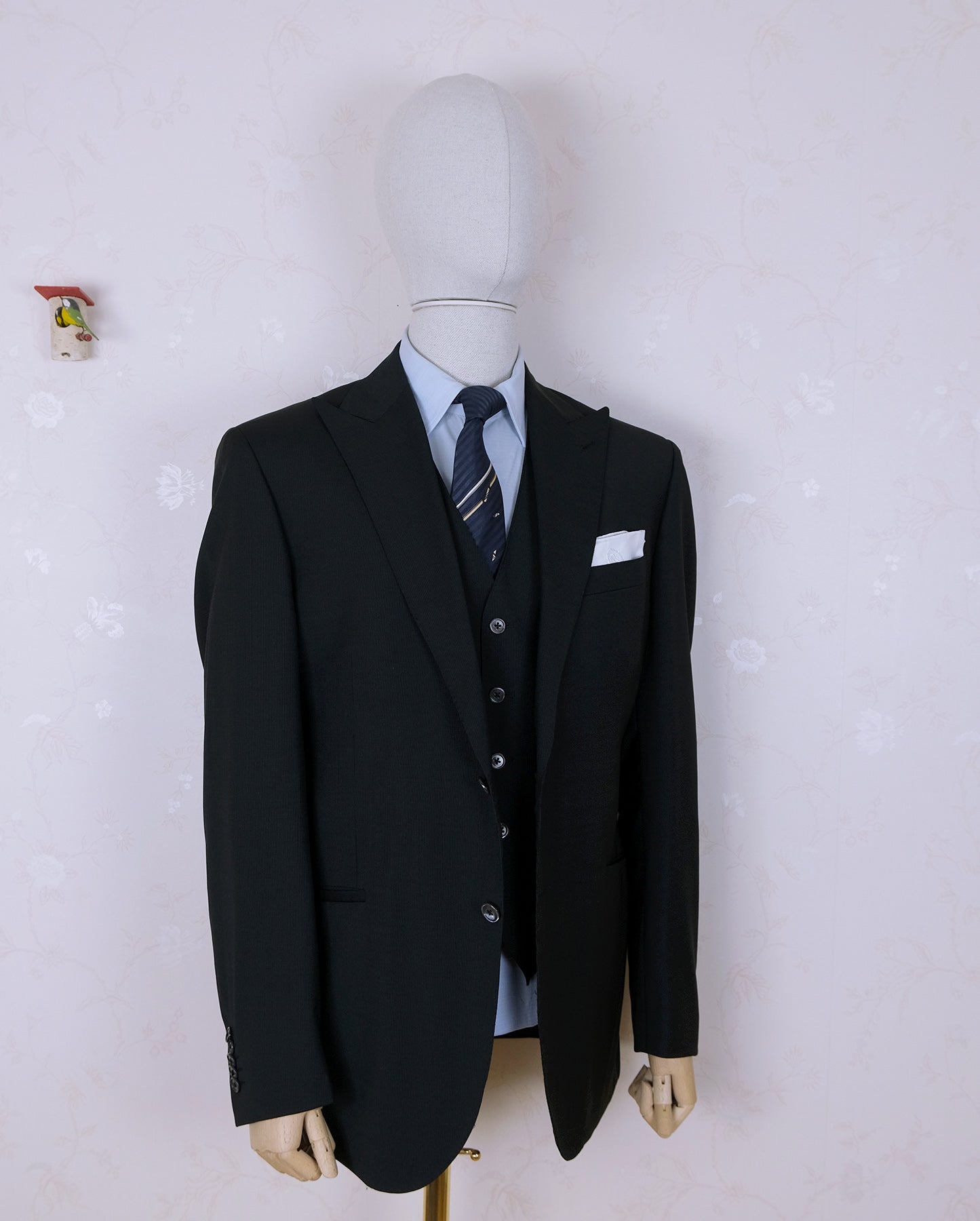 Corneliani, dark three piece suit, size 44UK, thin stripe
