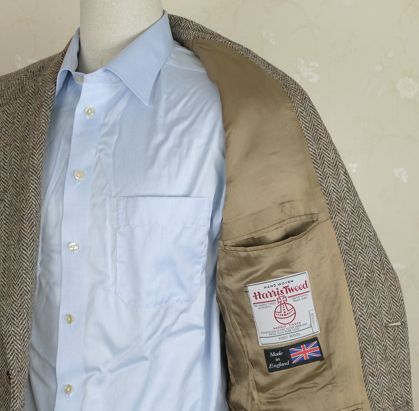 Henry Grant, ruskea harris tweed -takki, koko 50, kalanruoto, tehty Englannissa