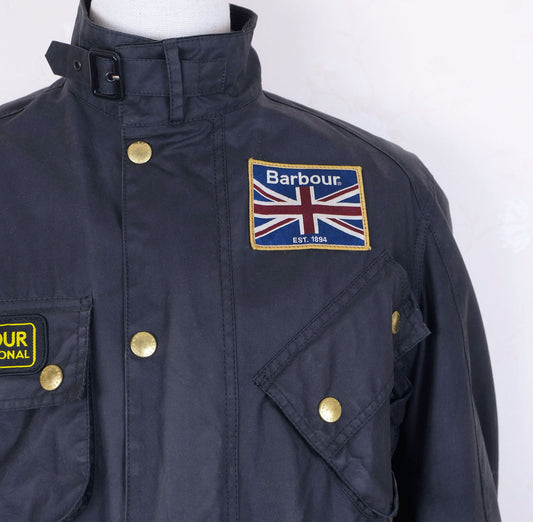 Barbour, blue wax cotton jacket, size S, International, made in England
