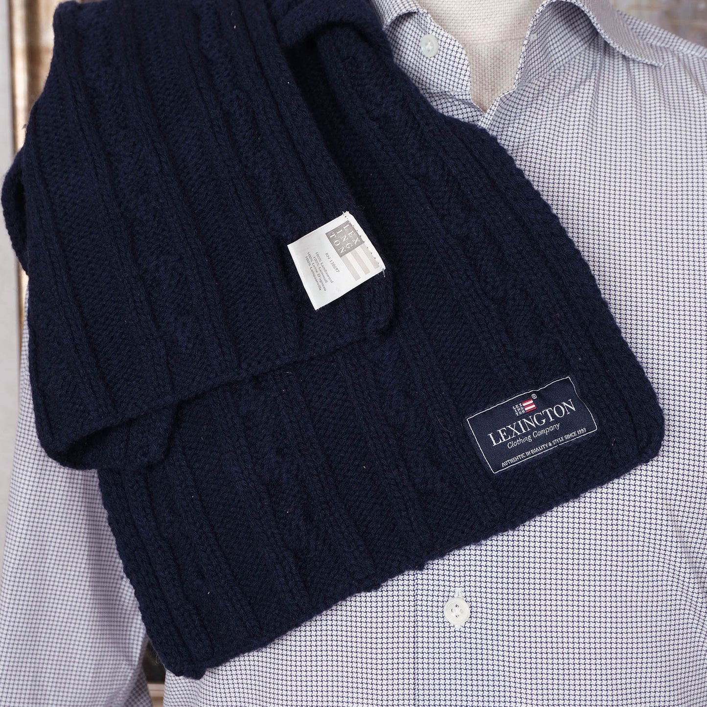 Lexington, blue thick scarf, cable knit pattern