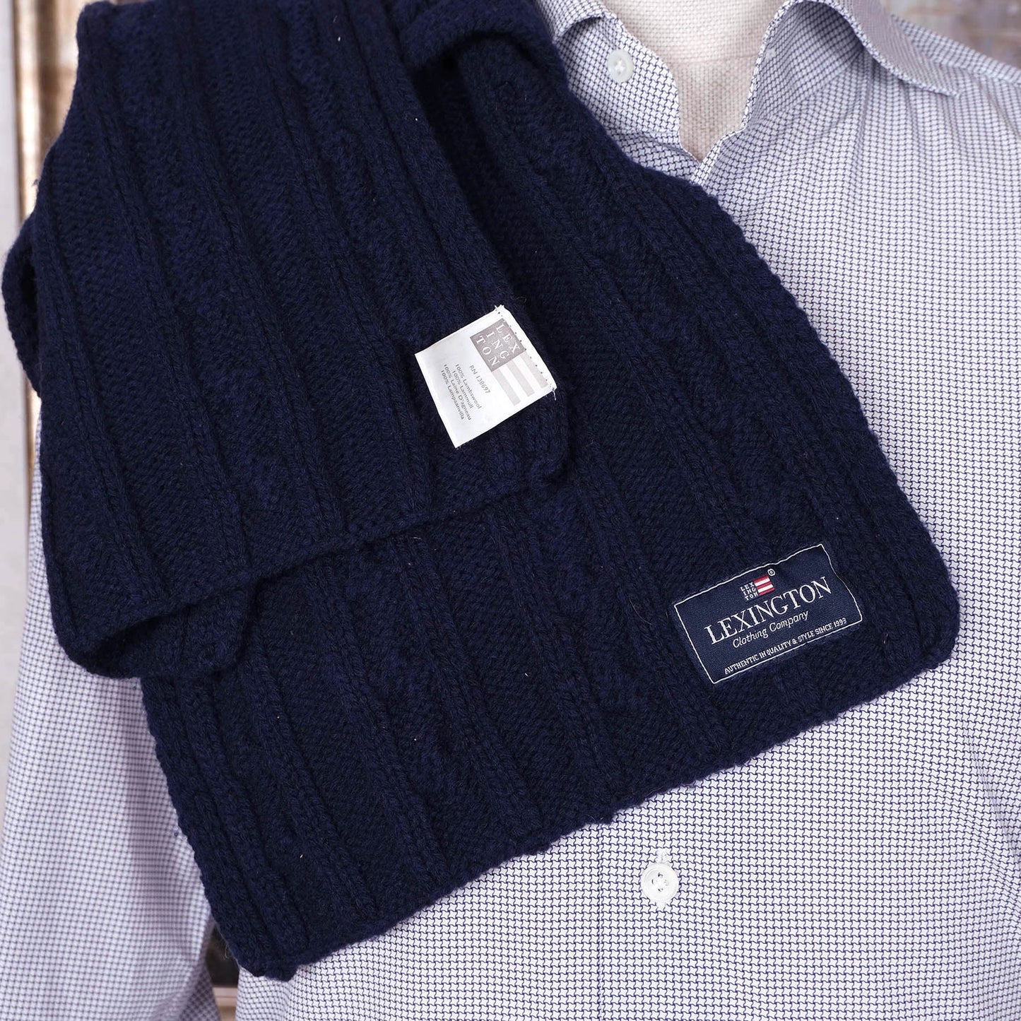 Lexington, blue thick scarf, cable knit pattern
