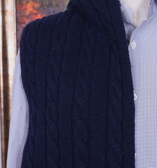 Lexington, blue thick scarf, cable knit pattern