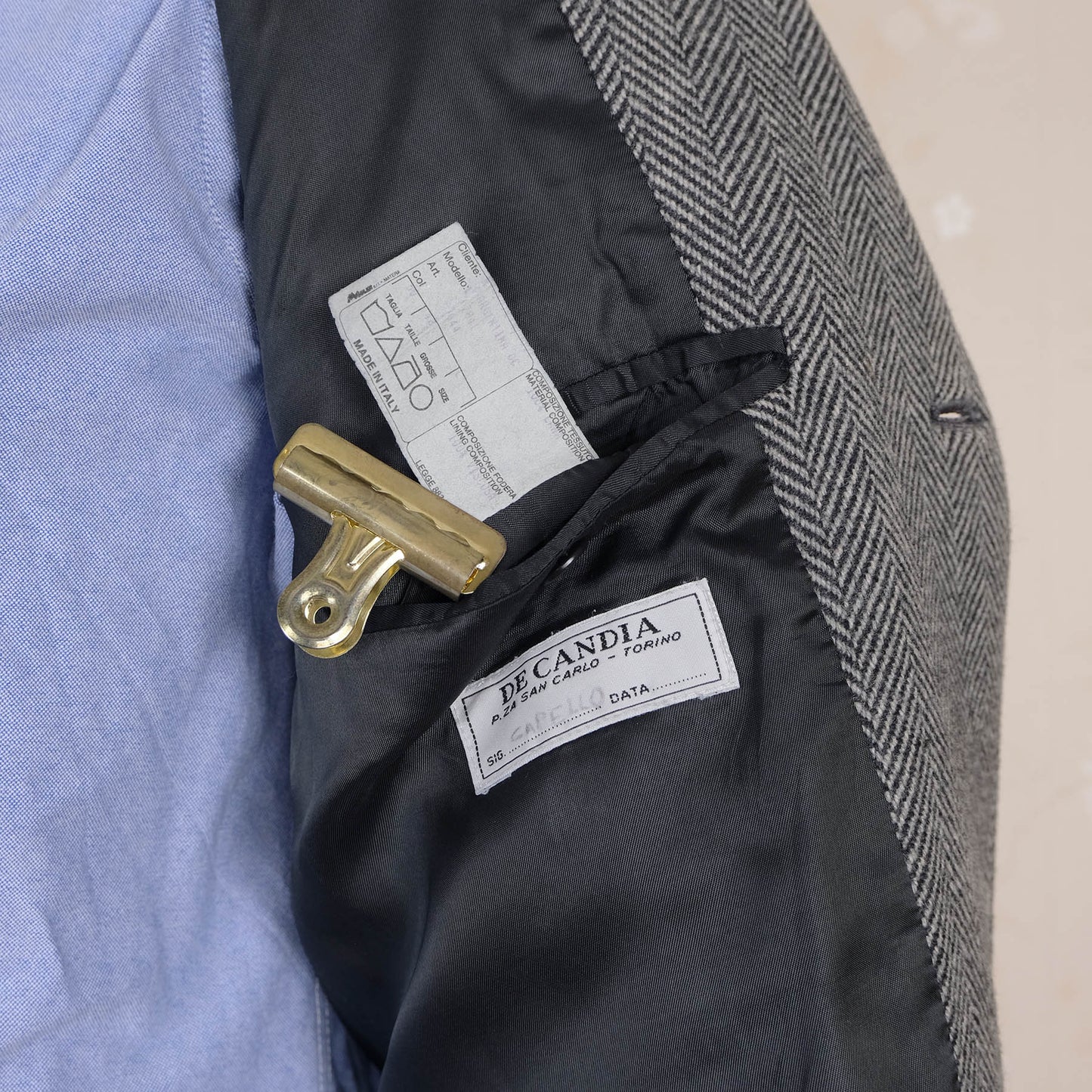De Candia Torino, grey wool coat, size 40UK, tweed, herringbone