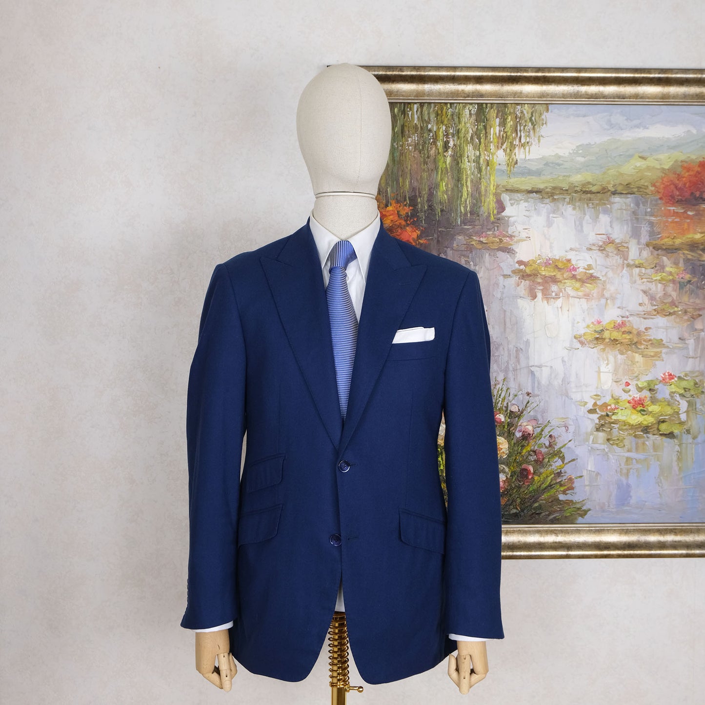 Robyn and Co., blue peak lapel suit, size 40UK, flannel