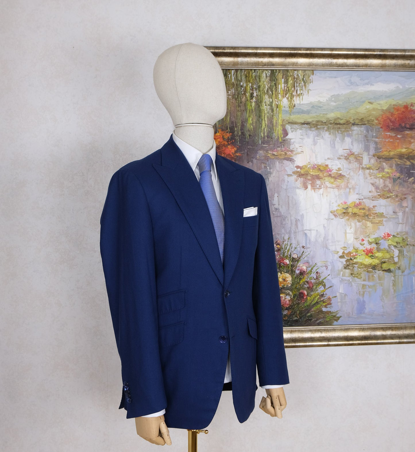 Robyn and Co., blue peak lapel suit, size 40UK, flannel