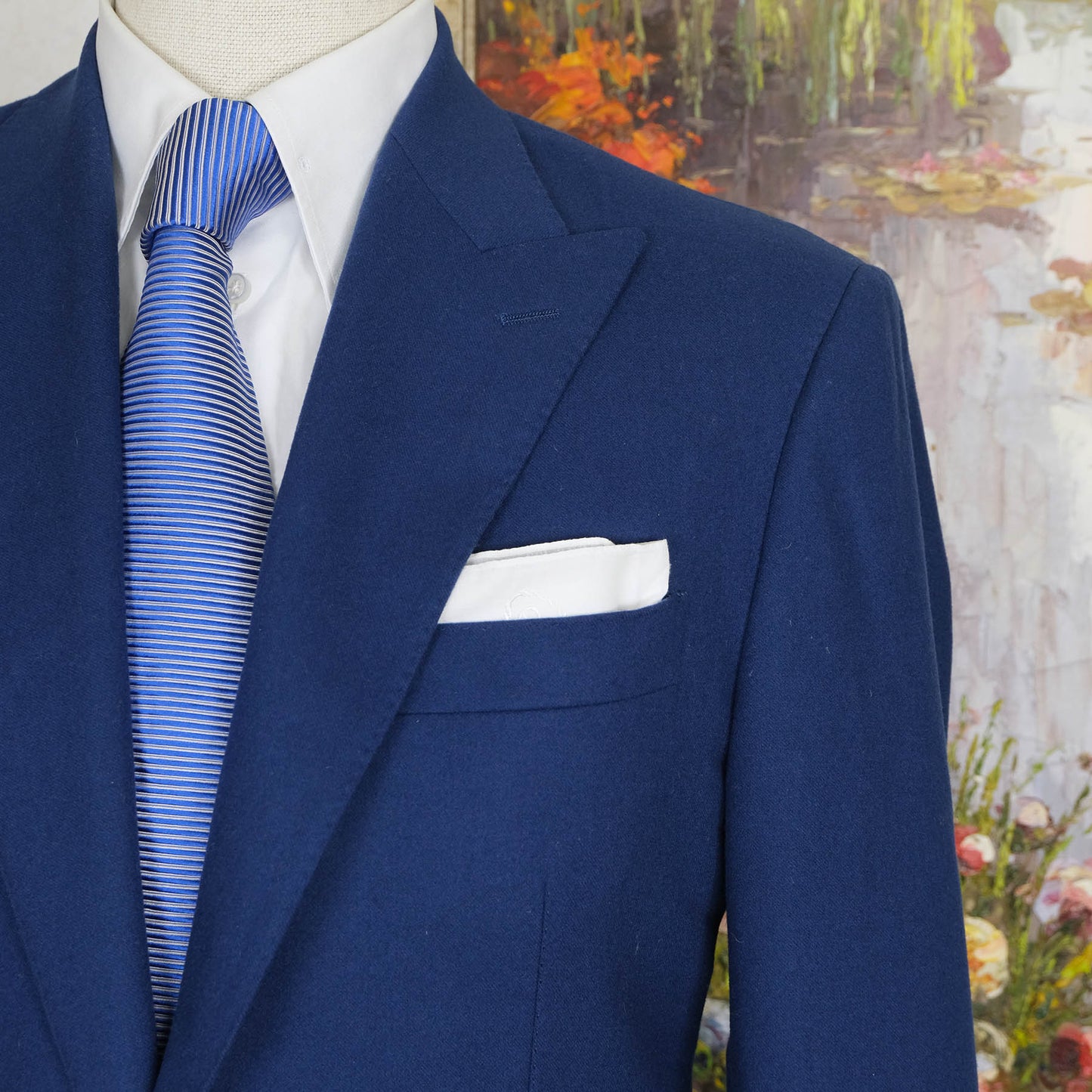 Robyn and Co., blue peak lapel suit, size 40UK, flannel