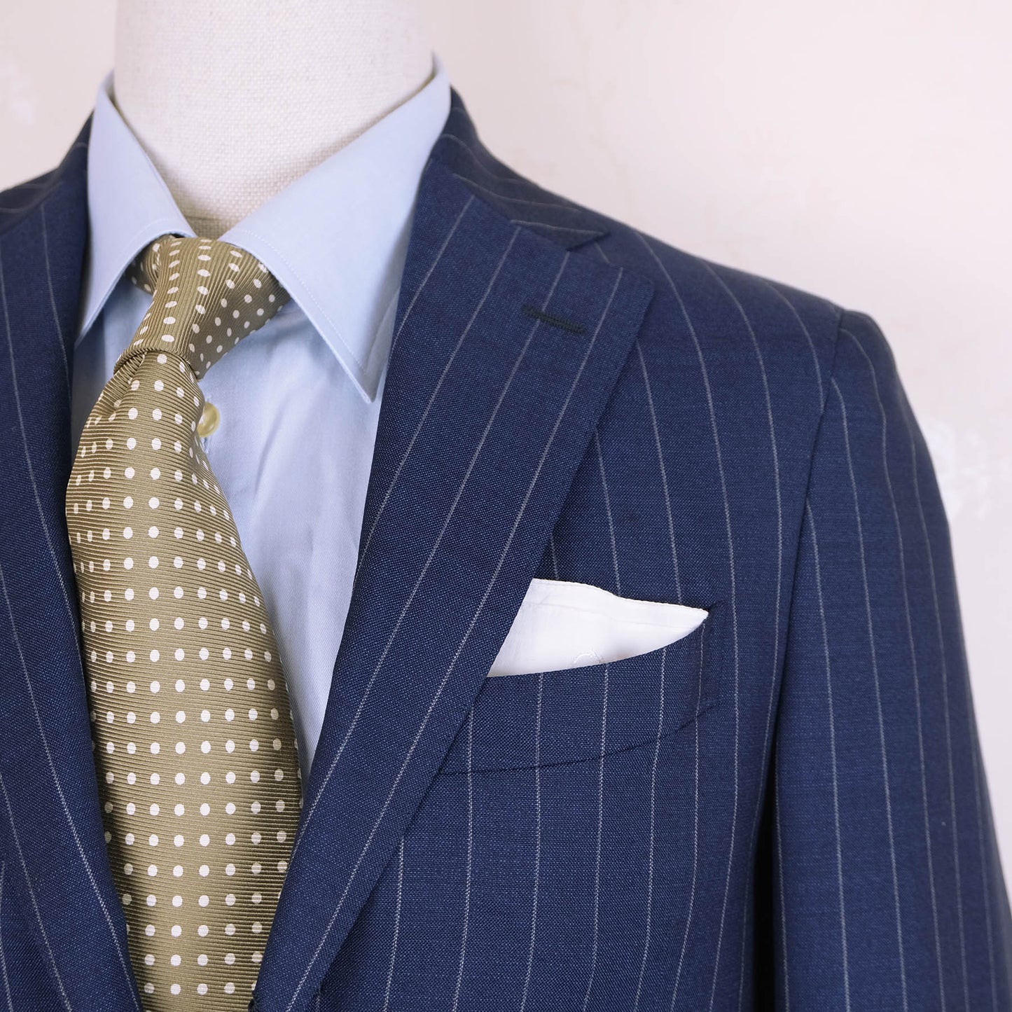Scuderi, blue suit, size 38 UK, chalk stripe, light wool