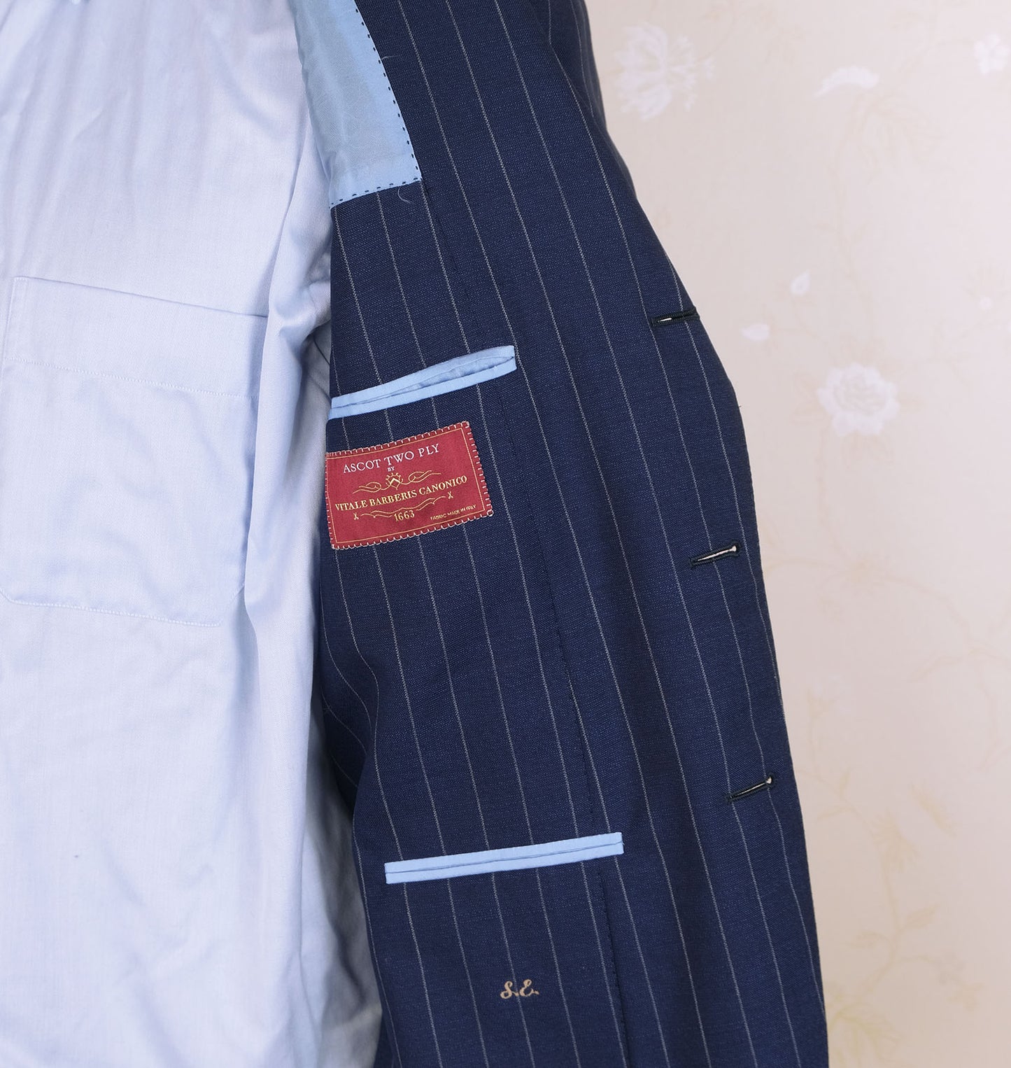 Scuderi, blue suit, size 38 UK, chalk stripe, light wool