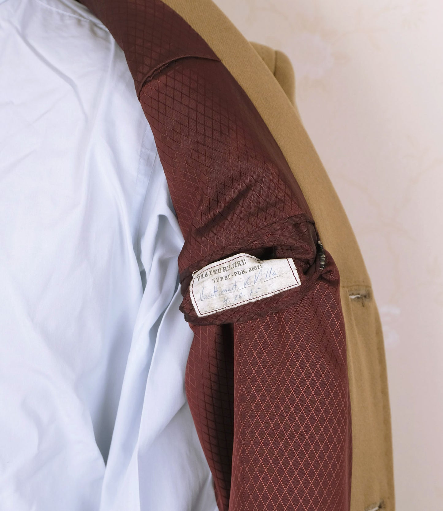 Tailor Villa, handmade tan wool coat, size 50EU