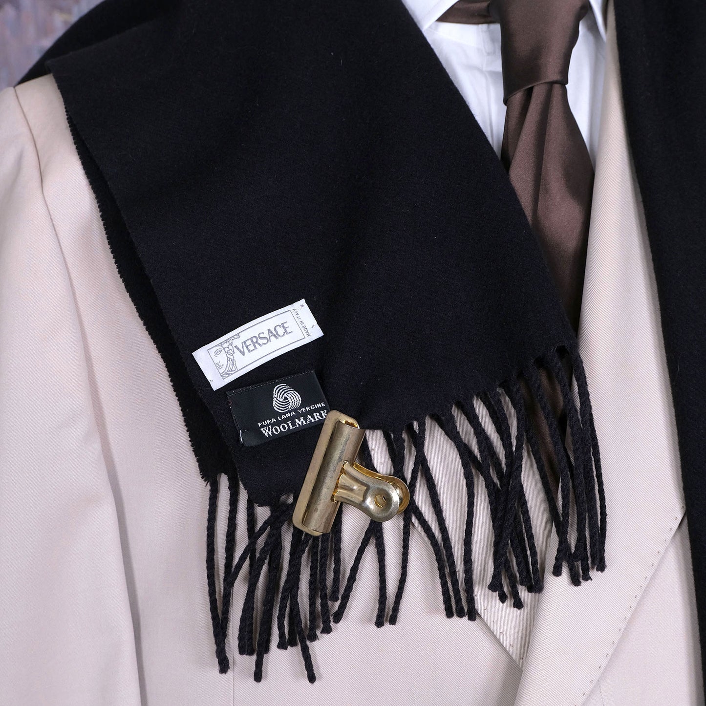 Versace, used black scarf, wool, medusa pattern