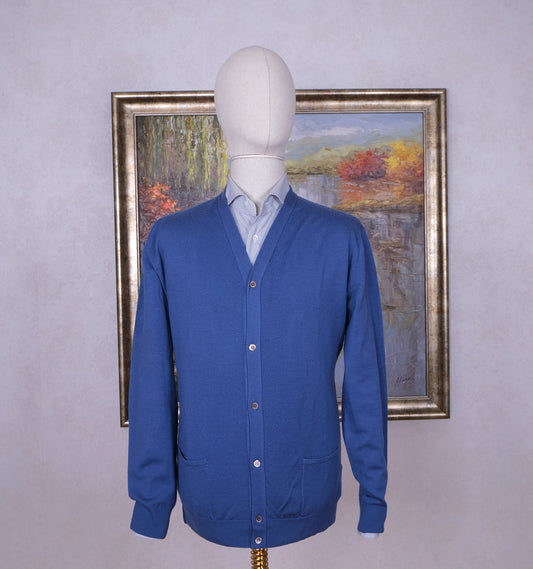 Cruciani, blue cardigan, size XL, fine wool