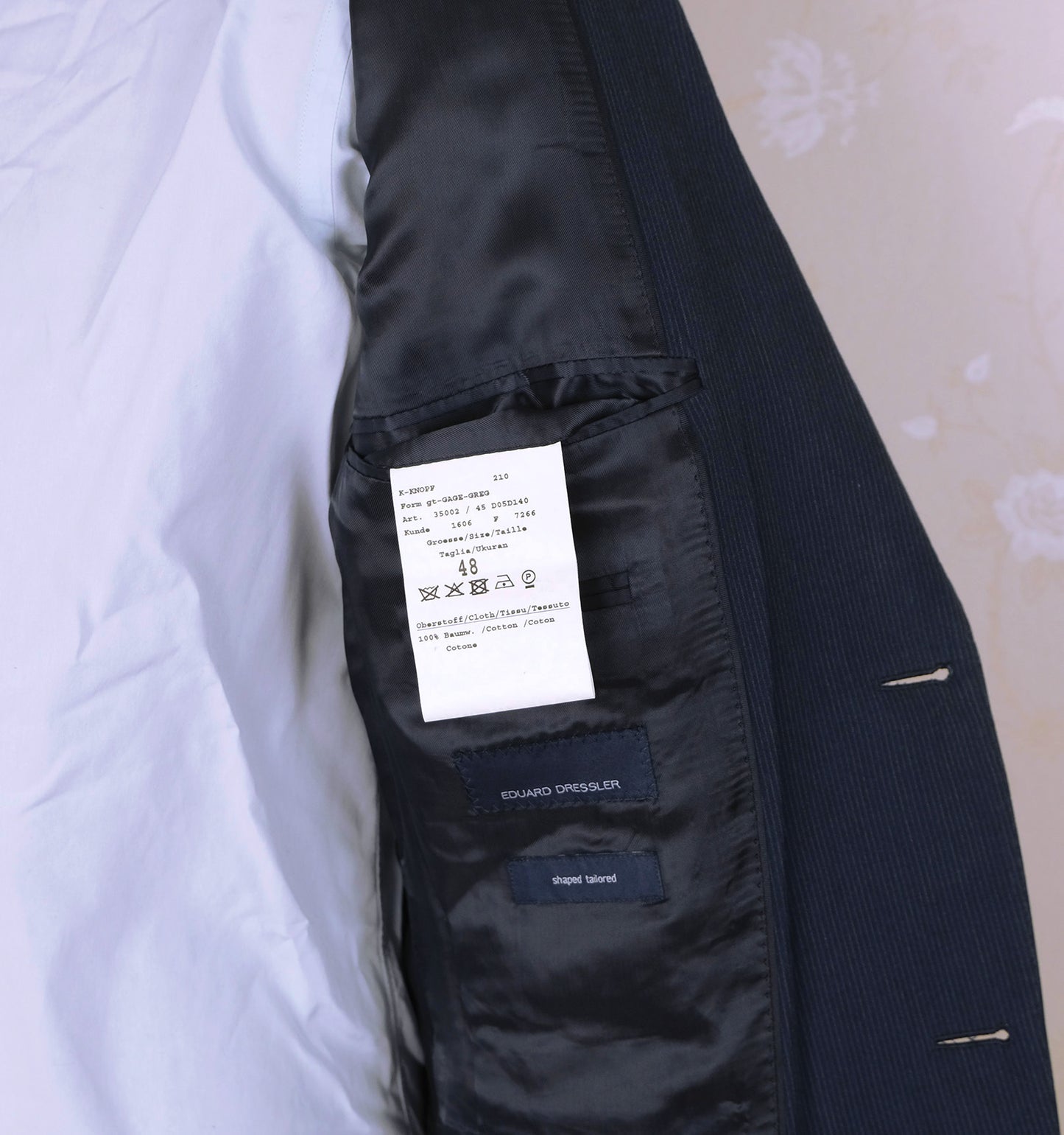 Eduard Dressler, dark blue suit, size 36UK, pinstripe, cotton