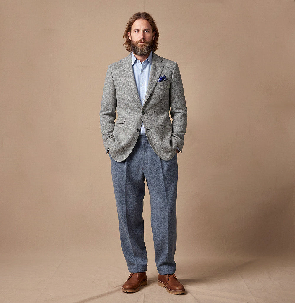 Götrich, blue-grey bespoke tweed jacket, size 52EU, Dormeuil fabric