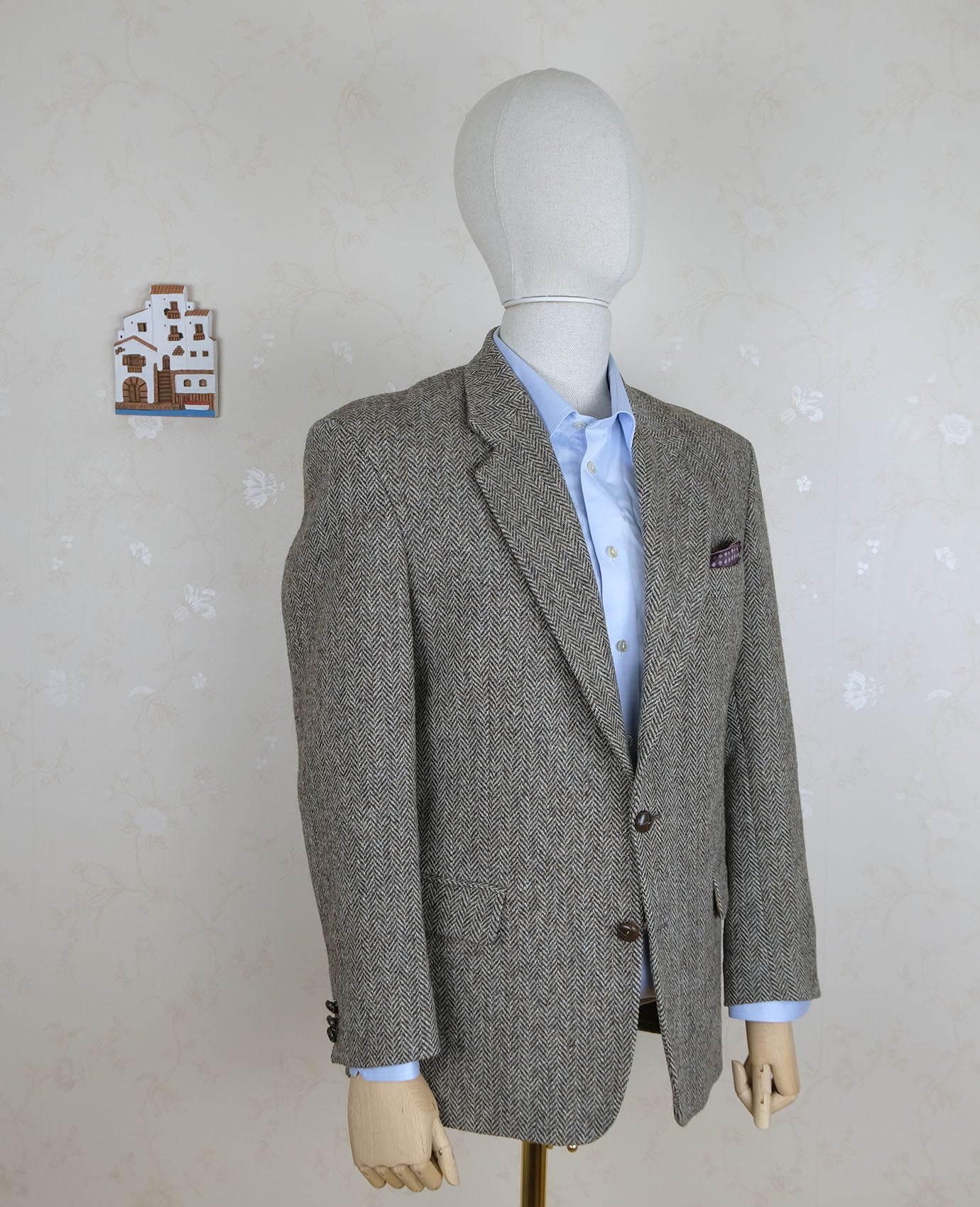 Henry Grant, ruskea harris tweed -takki, koko 50, kalanruoto, tehty Englannissa