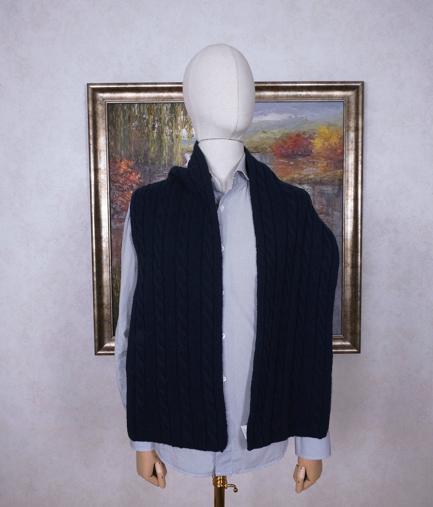 Lexington, blue thick scarf, cable knit pattern