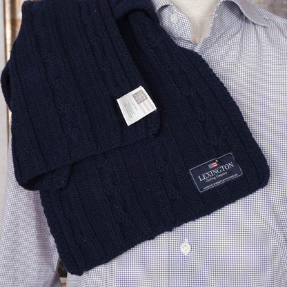 Lexington, blue thick scarf, cable knit pattern