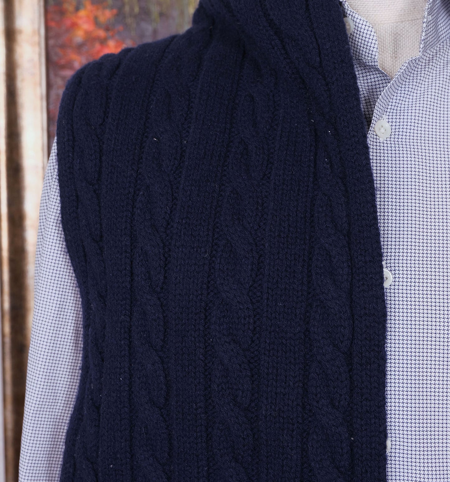 Lexington, blue thick scarf, cable knit pattern