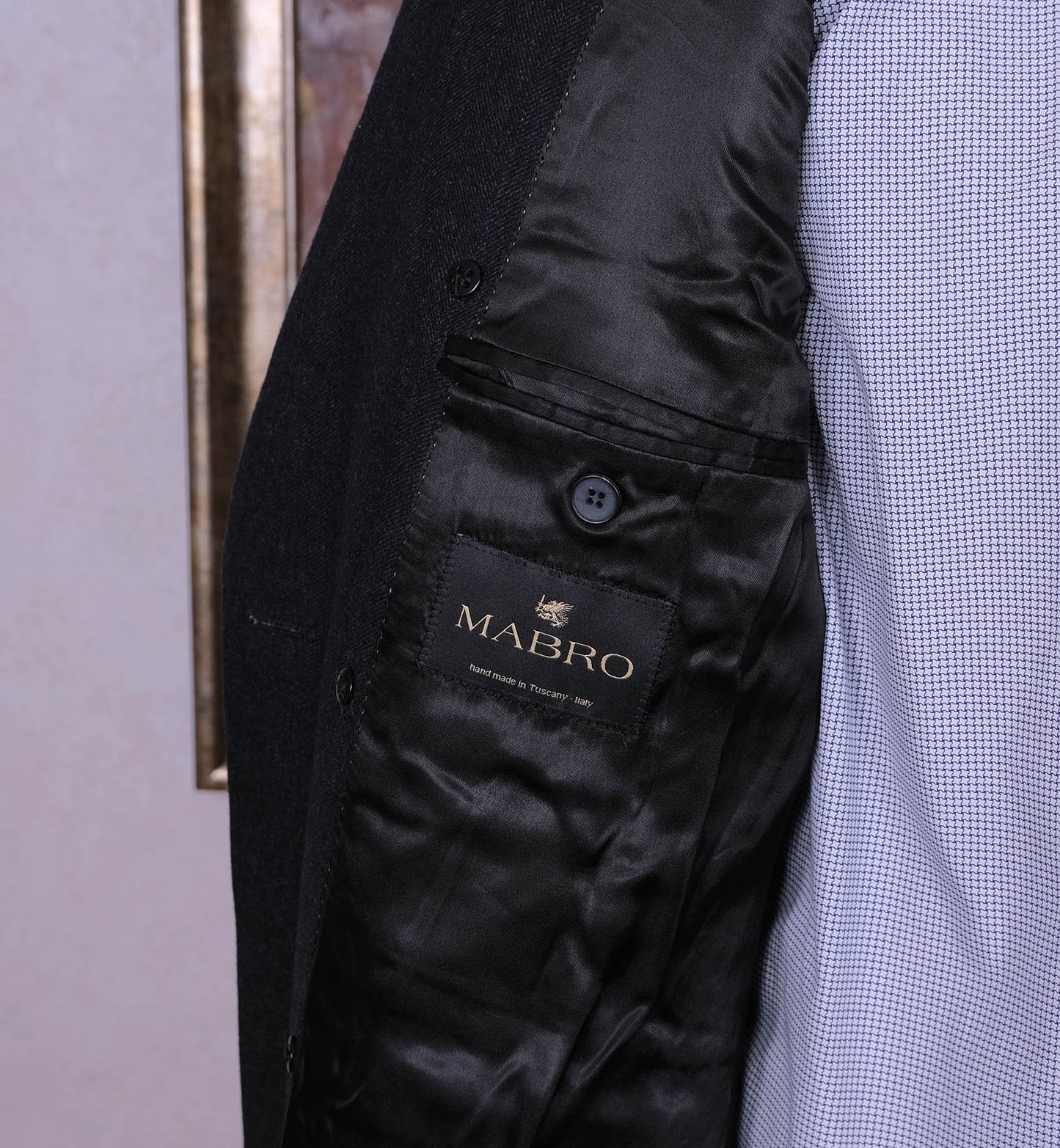 Mabro, tumma villakangastakki, koko 50, hoikka, harvinainen ulster-malli