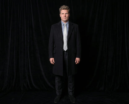 Patrick Hellmann, black wool coat, size 50EU, rare piping details