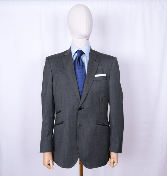 Patrick Hellmann, grey suit with leather details, rock style, size 54EU