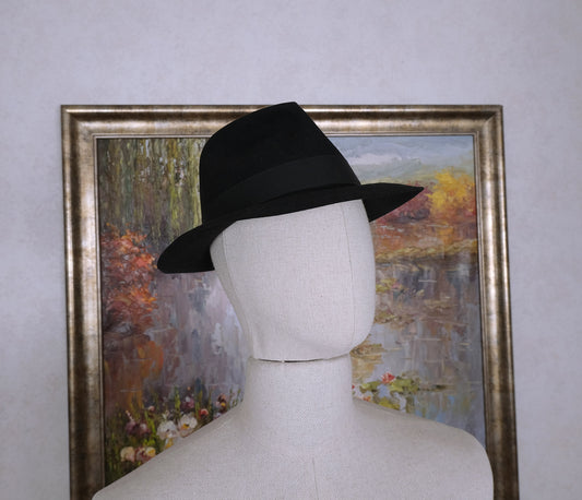 Borsalino, black fedora hat, size 59, fur felt