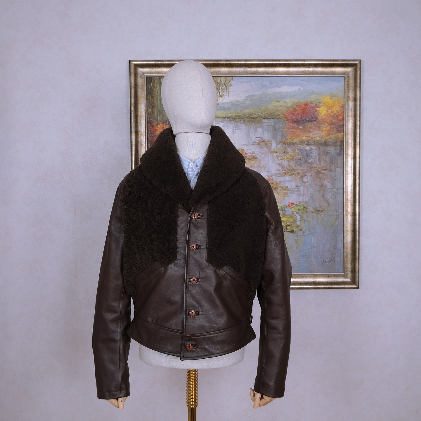 Simon James Cathcart, ruskea nahkatakki, koko L, repro