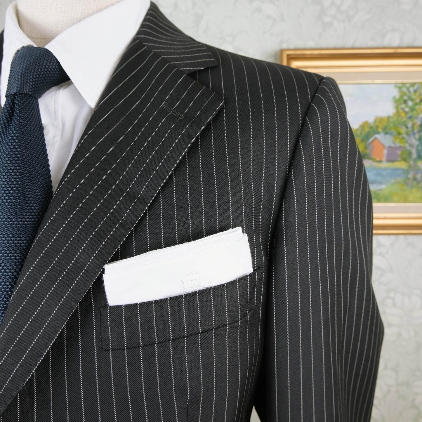Raffaele Caruso, dark suit, size 44UK, pinstripe