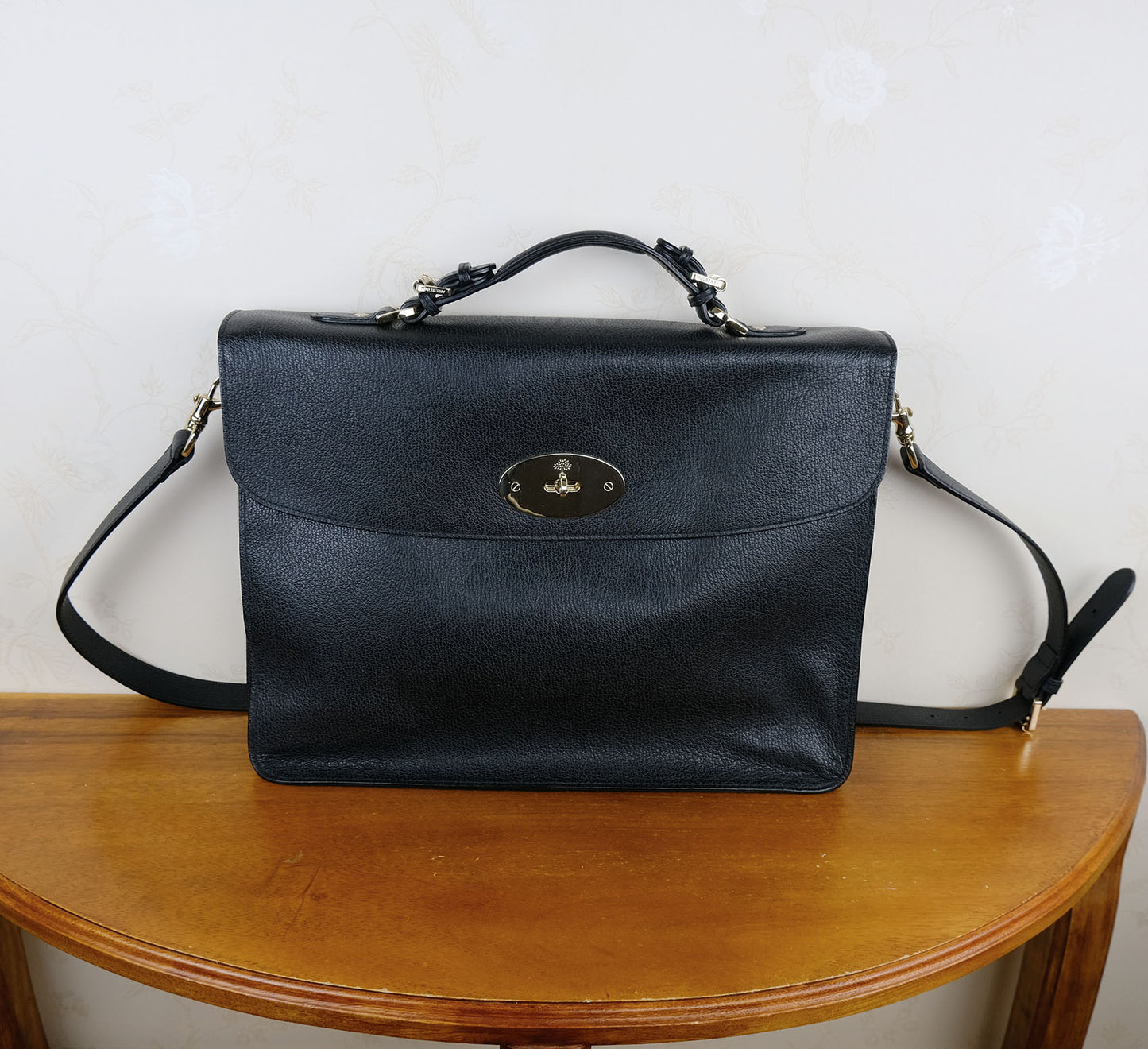Mulberry, black leather briefcase, textured leather, with shoulder strap