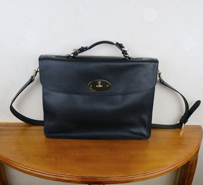 Mulberry, black leather briefcase, textured leather, with shoulder strap
