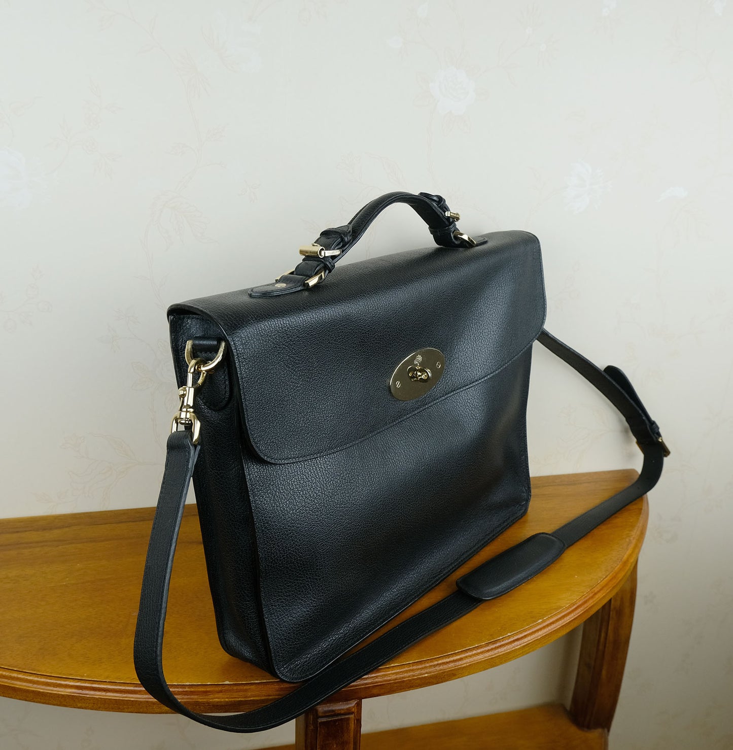 Mulberry, black leather briefcase, textured leather, with shoulder strap