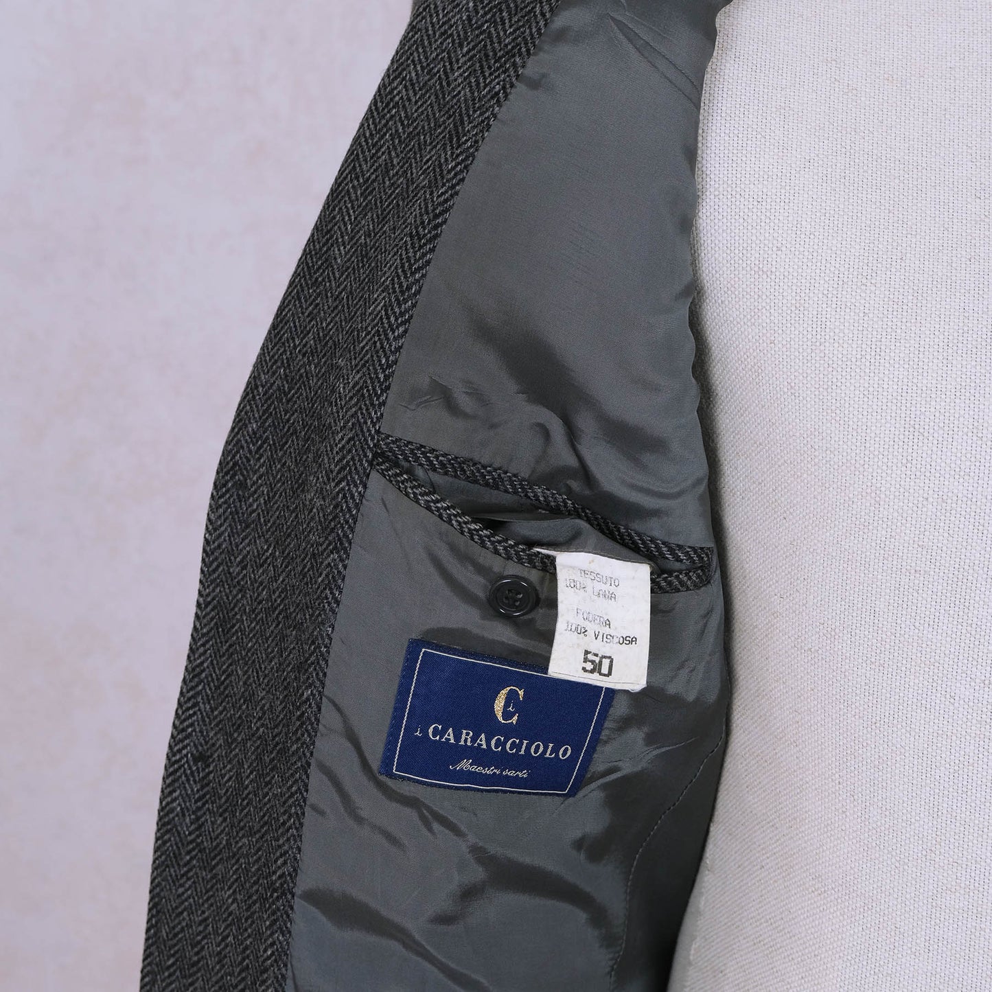 Sartoria Caracciolo, harmaa tweedtakki, koko 50, kalanruotokuvio