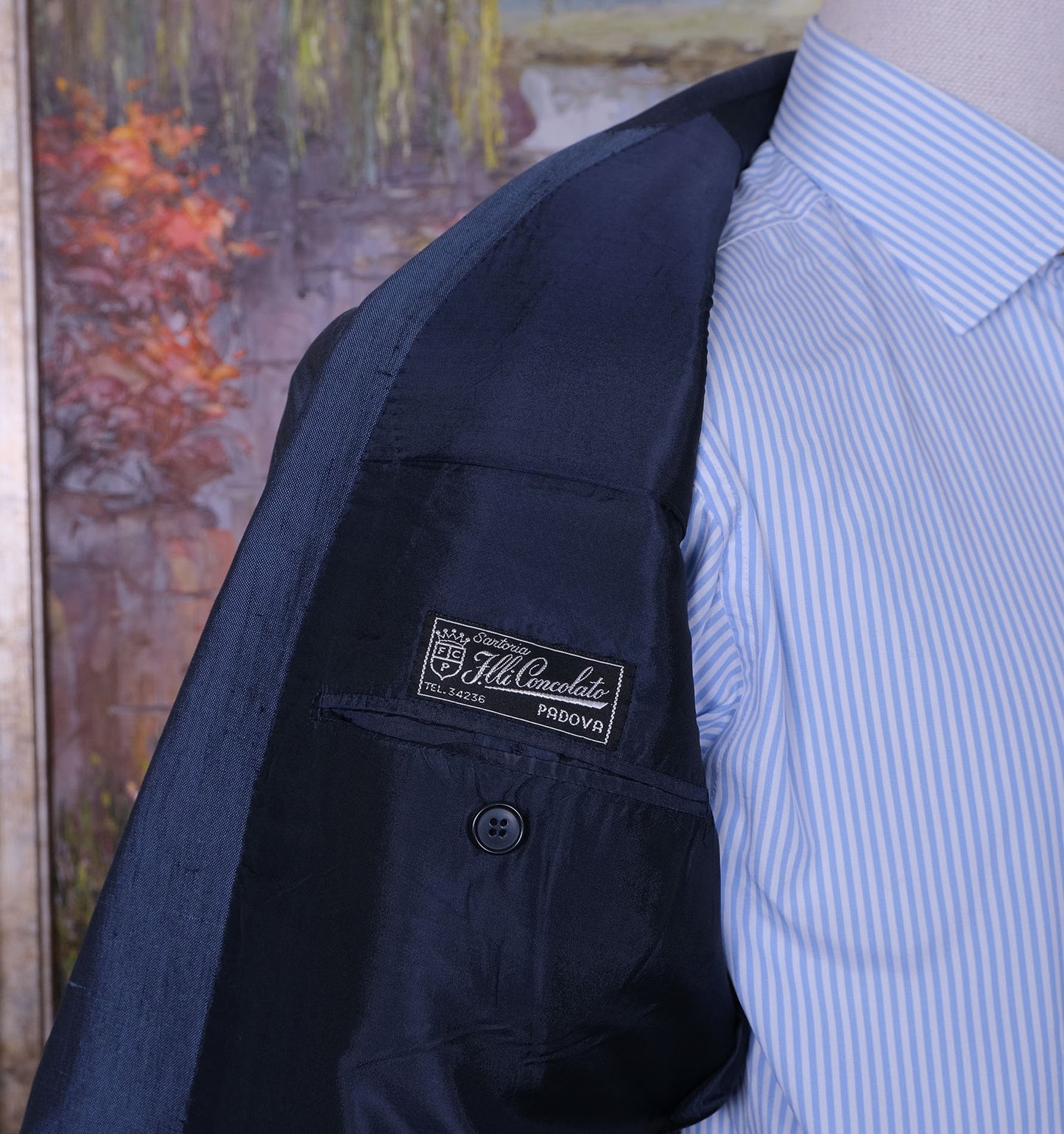 Sartoria Fratelli Concolato, räätälin tekemä sininen puku, koko 50, vatsakas