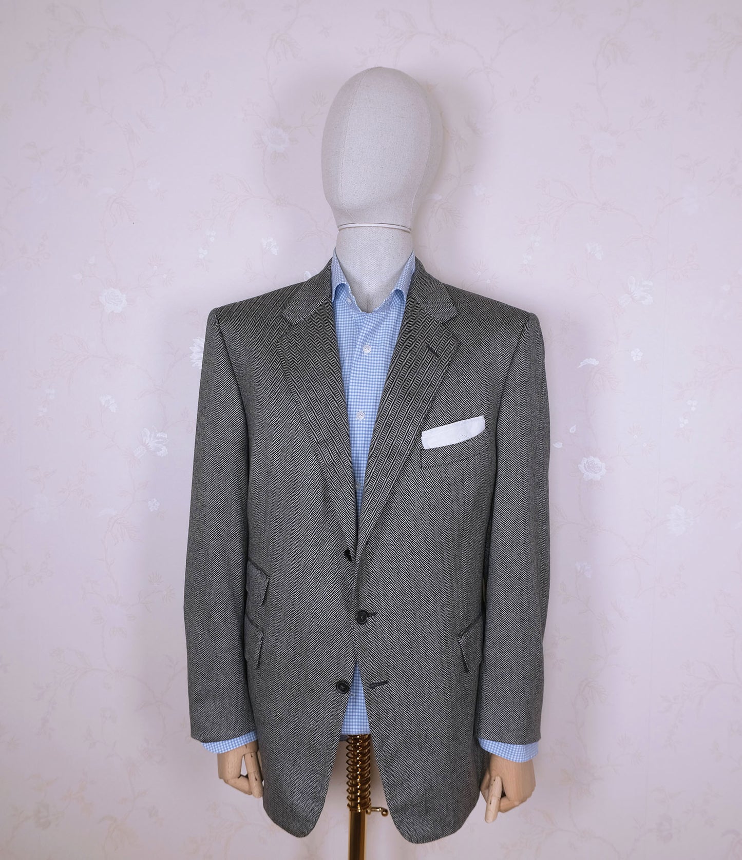 Chester Barrie, harmaa käsintehty kashmirtakki, koko 56, kalanruotokuvio