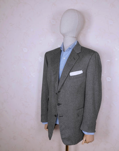 Chester Barrie, harmaa käsintehty kashmirtakki, koko 56, kalanruotokuvio